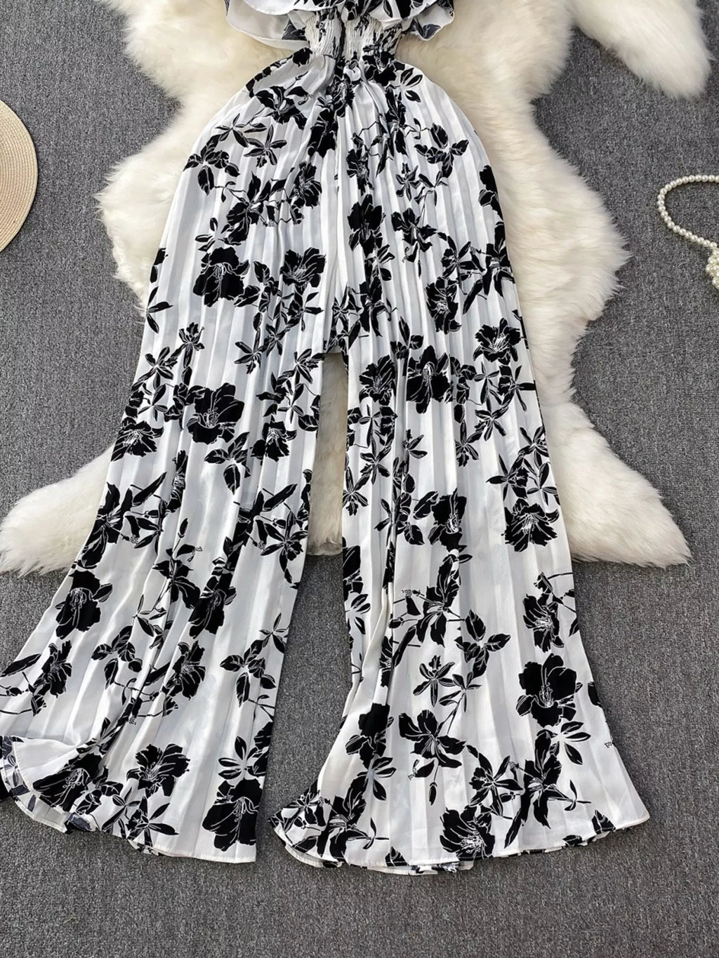 Floral Print Wide Leg Pleated Jumpsuit