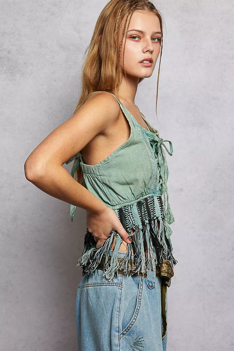 POL Lace-Up Fringe Hem Tank with Lace Detail