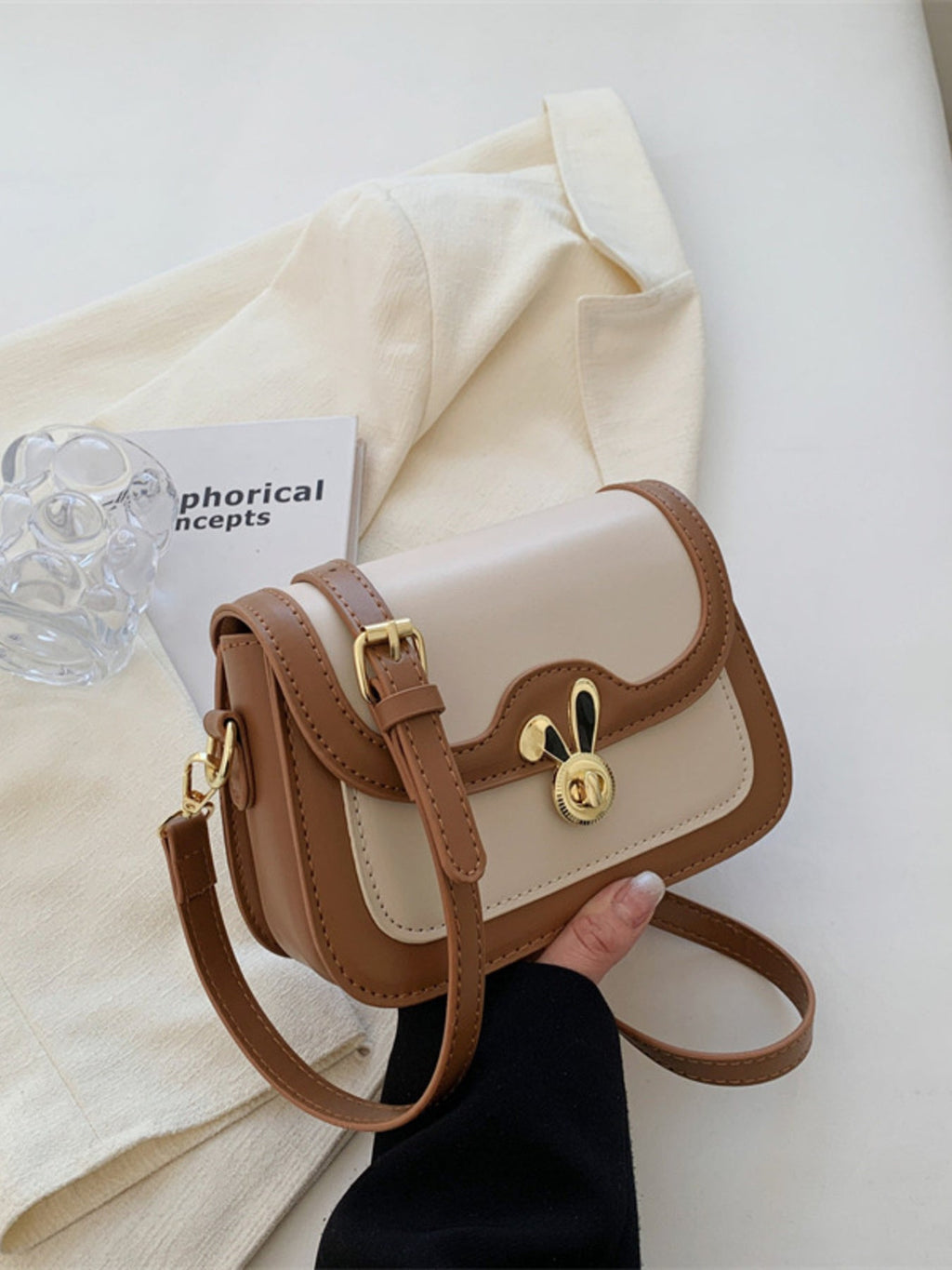 Rabbit Decor Color Block Flap Crossbody Bag