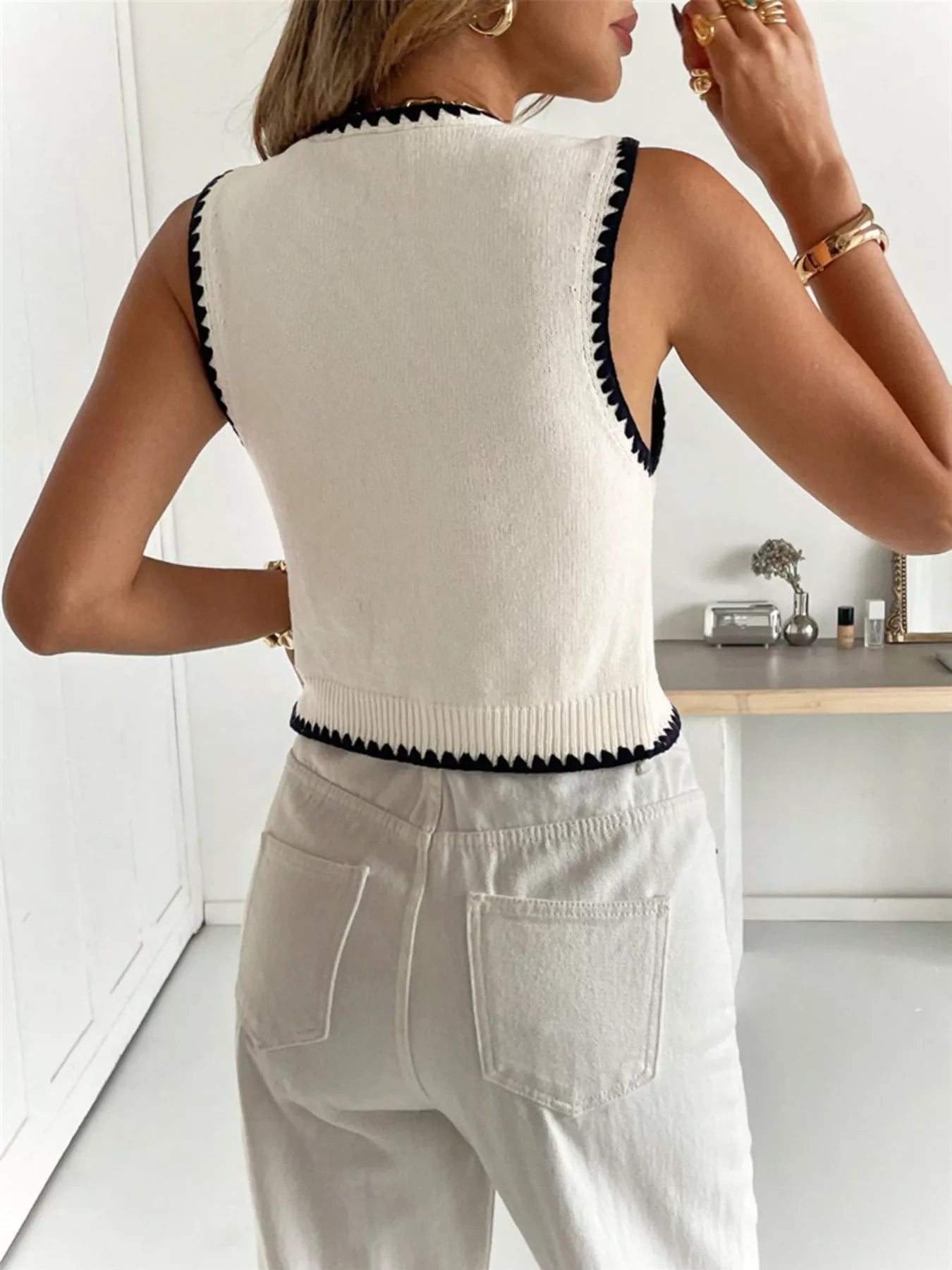 Contrast Trim Button Up Sweater Vest