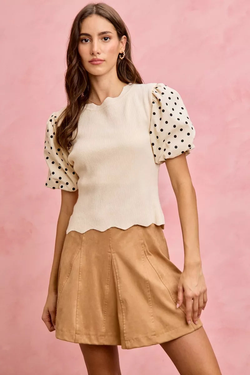 SO ME Polka Dot Contrast Woven Ballon Sleeve Blouse