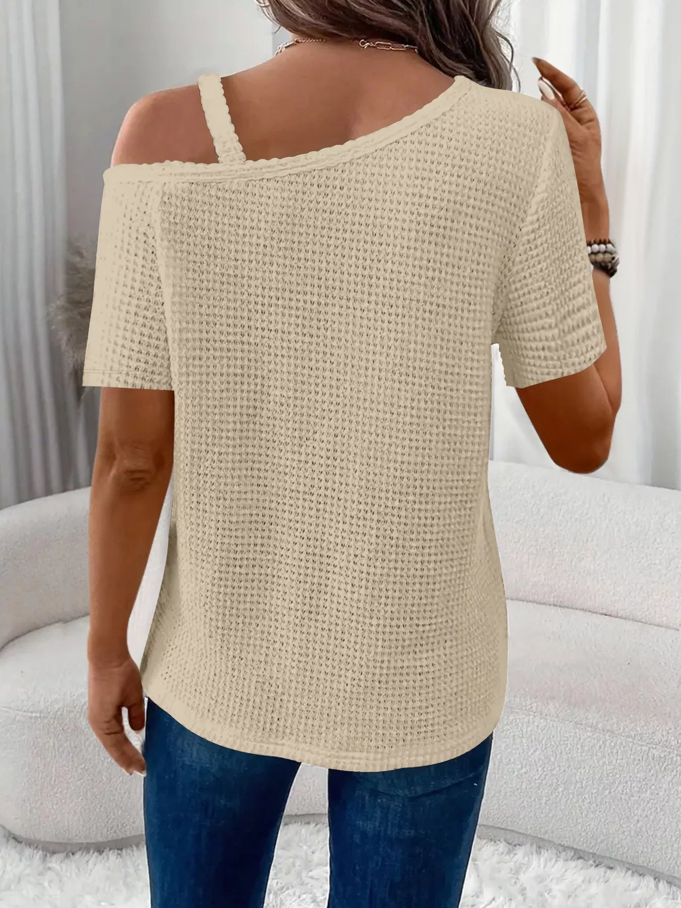 One-Shoulder Chain Detail Waffle Knit T-Shirt