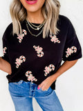 Christmas Sequined Candy Cane Patched Pattern Holiday T Shirt