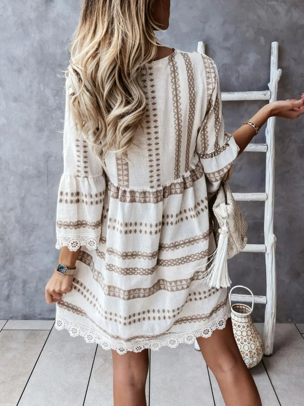 V-Neck Lace Trim Striped Babydoll Dress