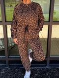 Striped Trim Leopard Long Sleeve Top Drawstring Pant Set