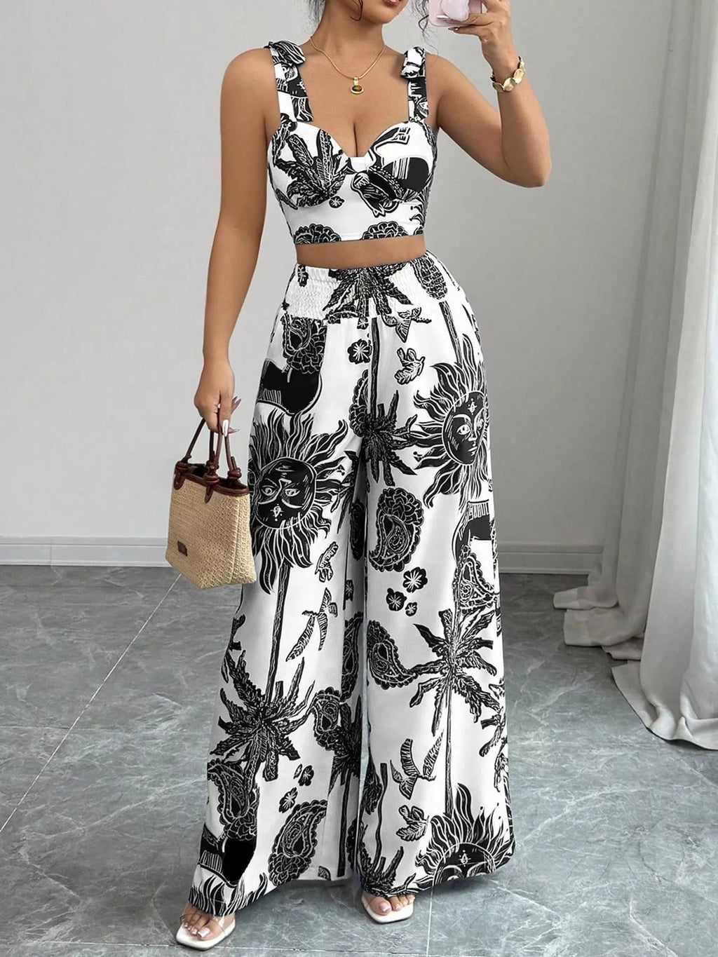 Floral Print Crop Top and Wide Leg Pants Set
