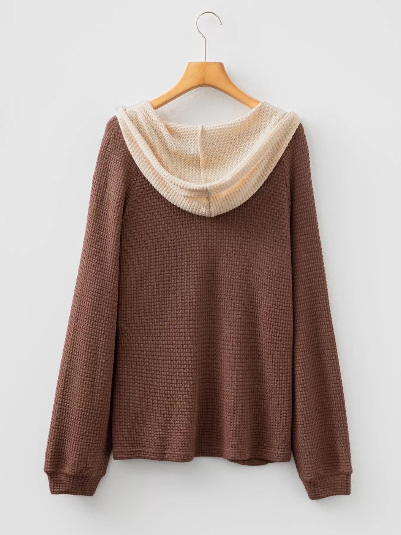 Waffle Contrast Half Buttoned Hooded Pullover Top