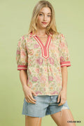 Umgee Mix Floral Puff Sleeve Blouse with Contrast Trim