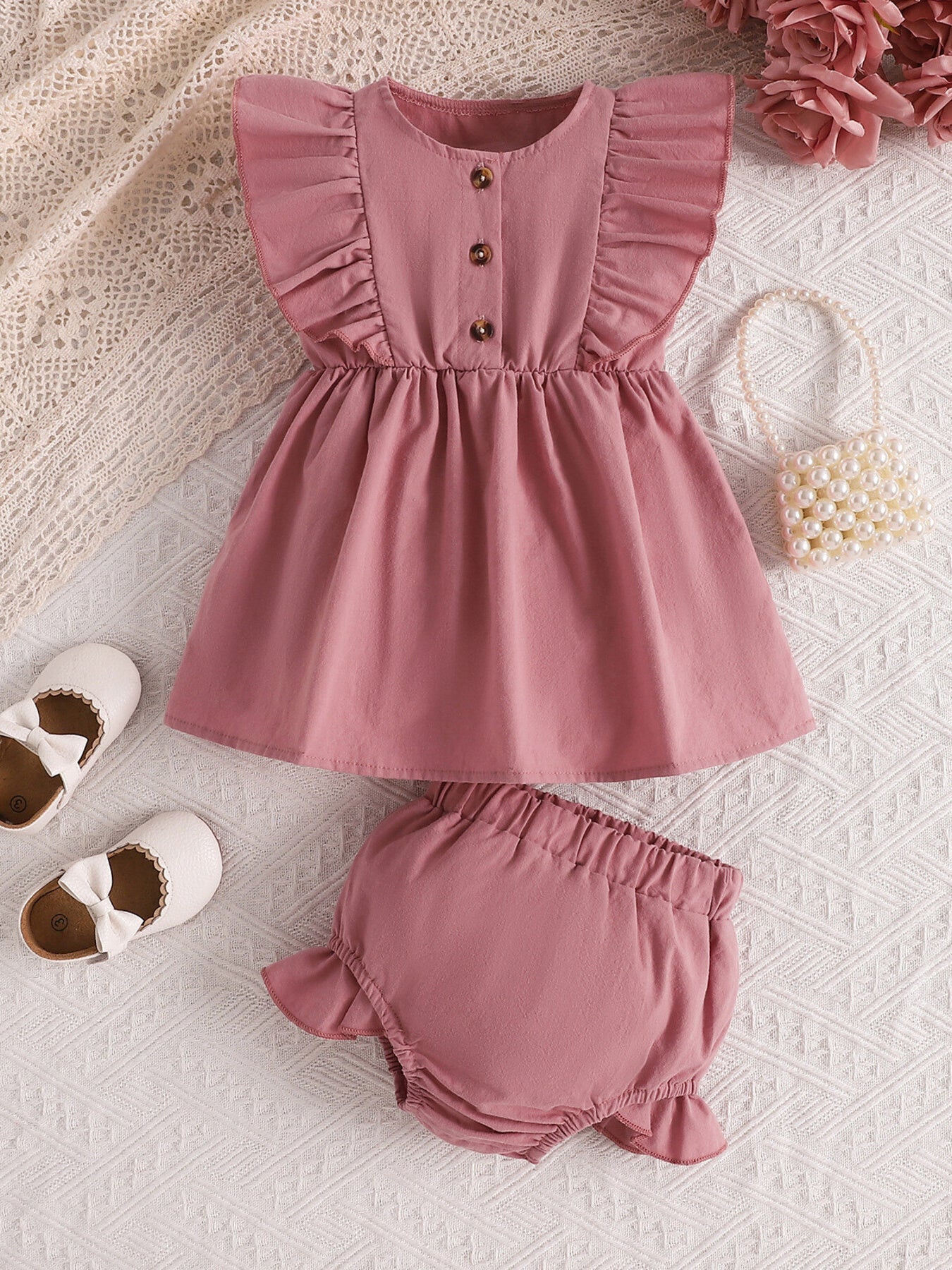 Children's Ruffle Trim Button Front Top and Shorts Set