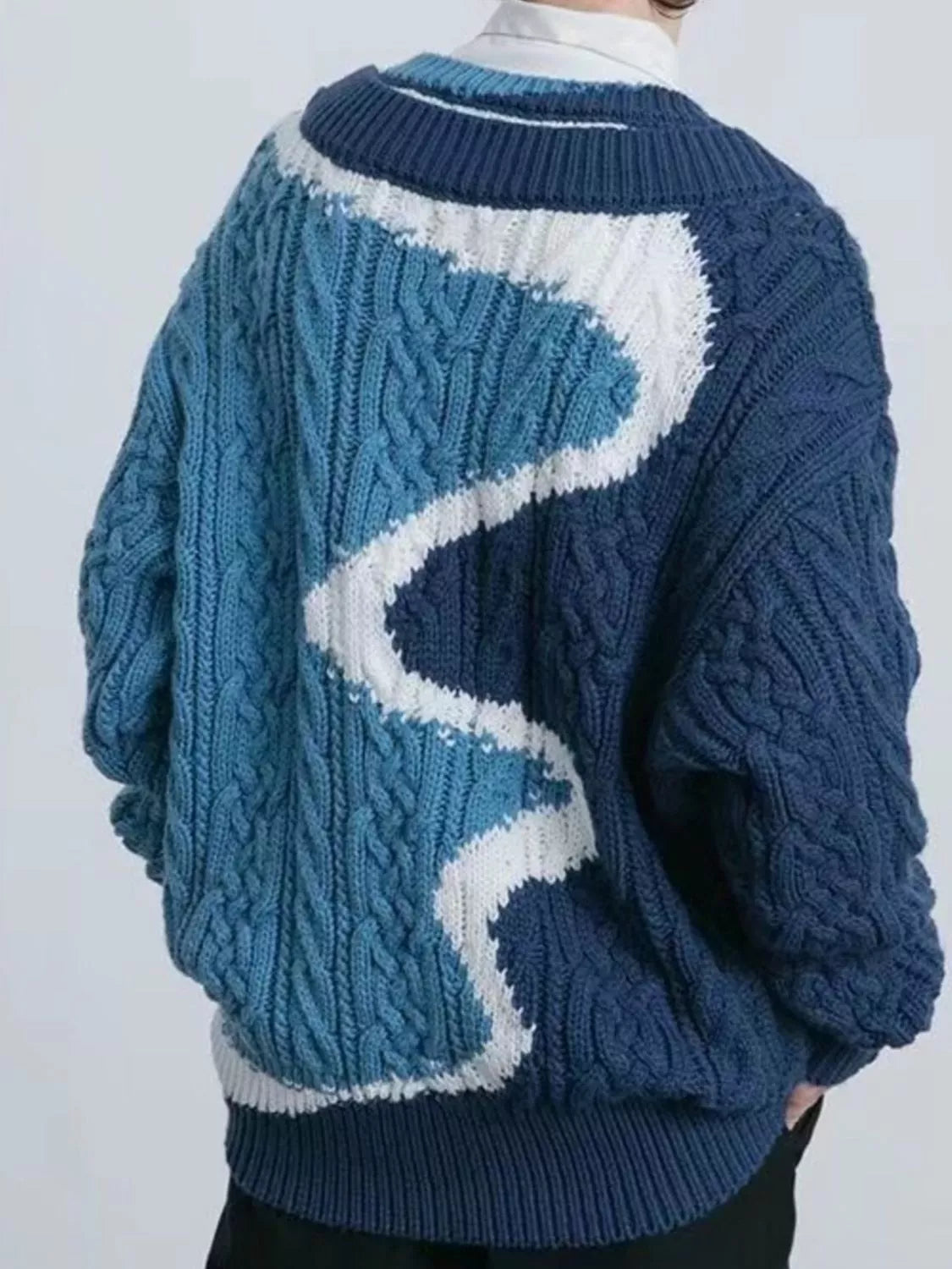 Men's Color Block Cable Knit V-Neck Sweater