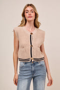 SO ME Big Metal Button Front Stripe Edge Knitted Sweater Vest