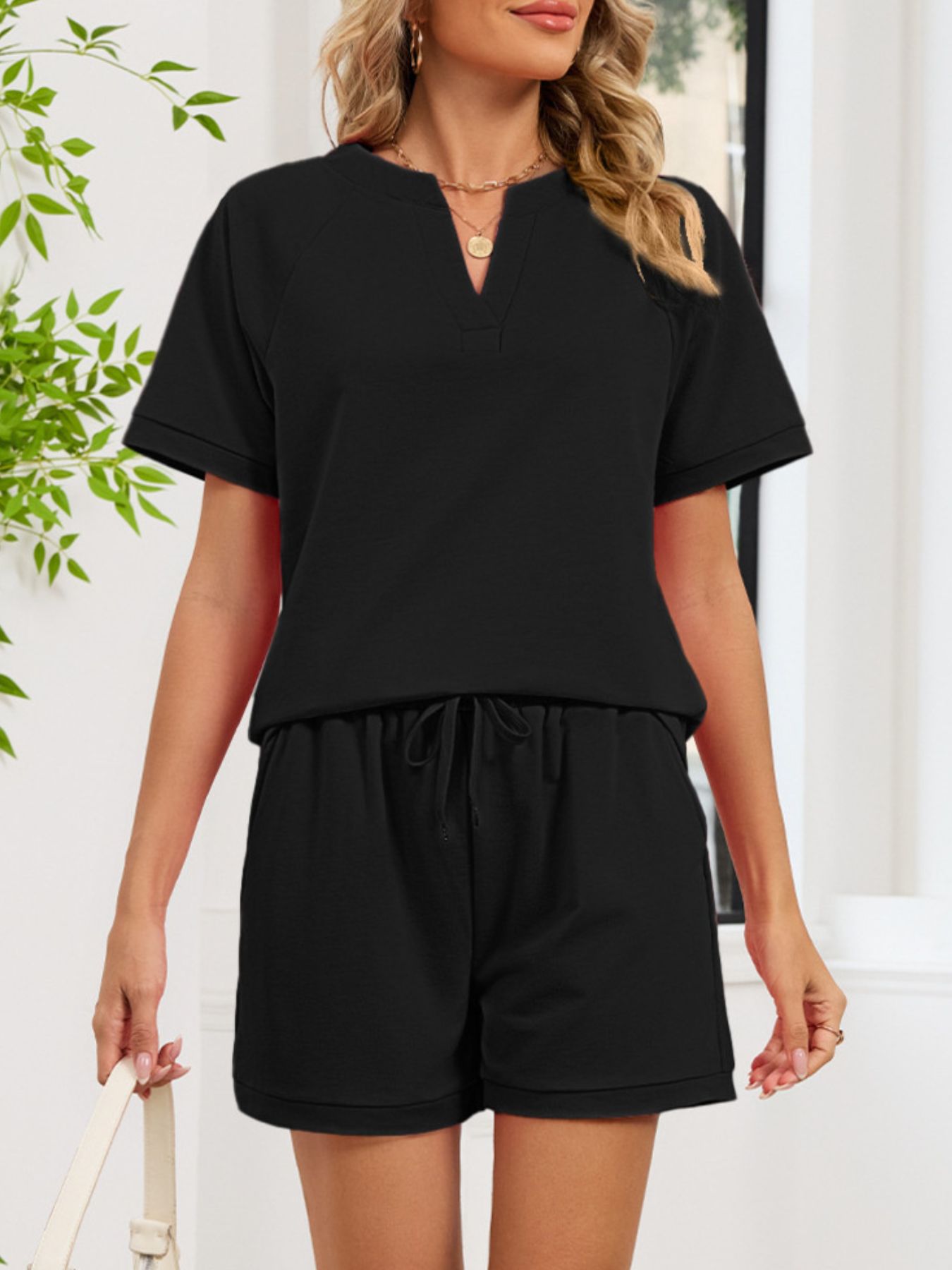 Notched Short Sleeve Top and Shorts Set