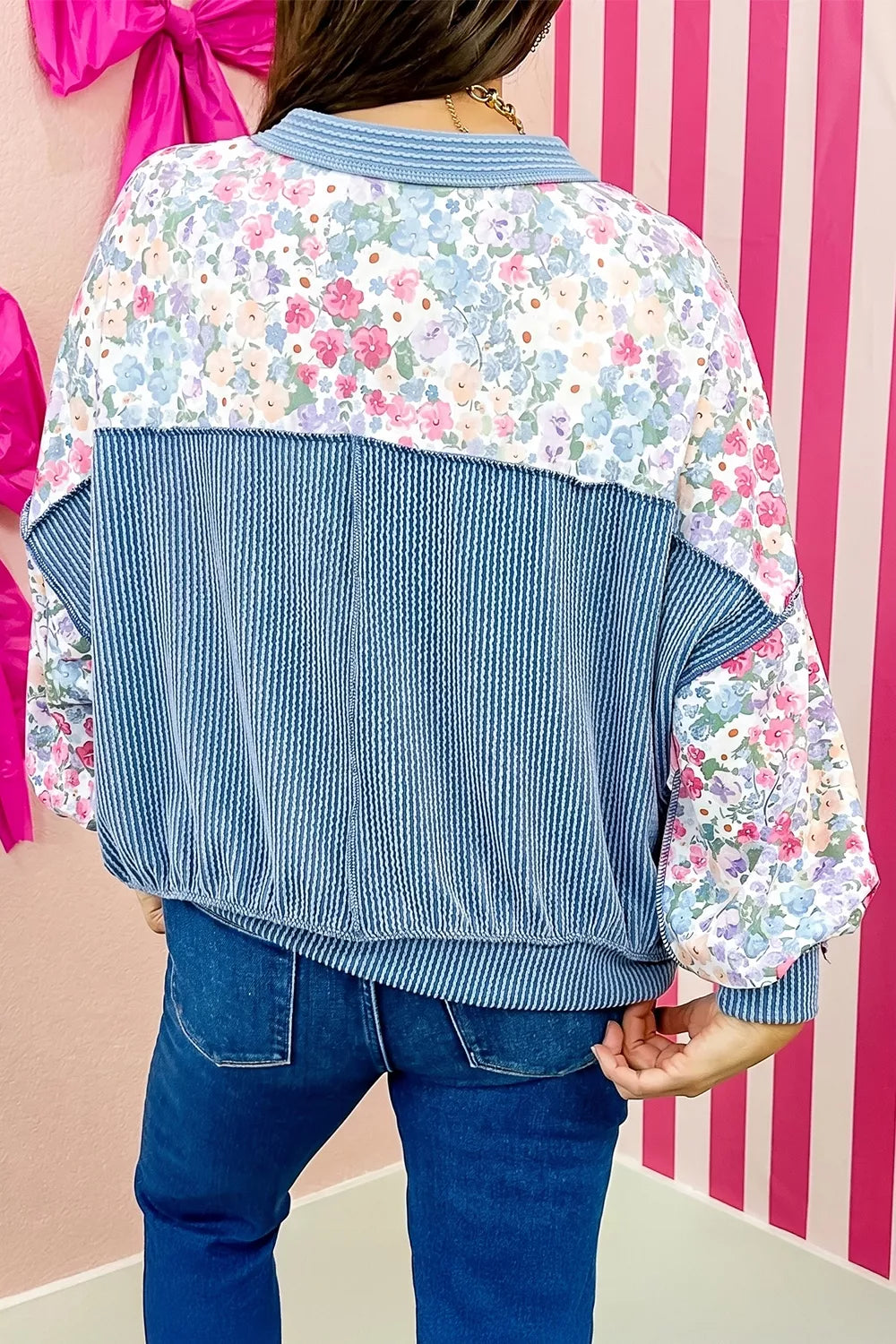 Multicolour Floral Print Round Neck Long Sleeve Shift Top