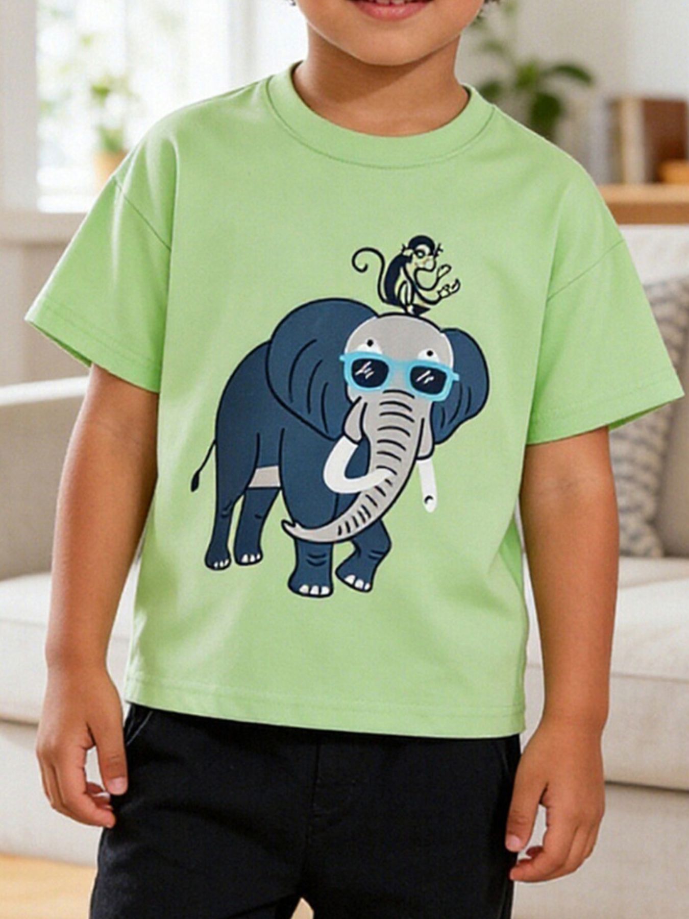 Children's Elephant Graphic Round Neck T-Shirt
