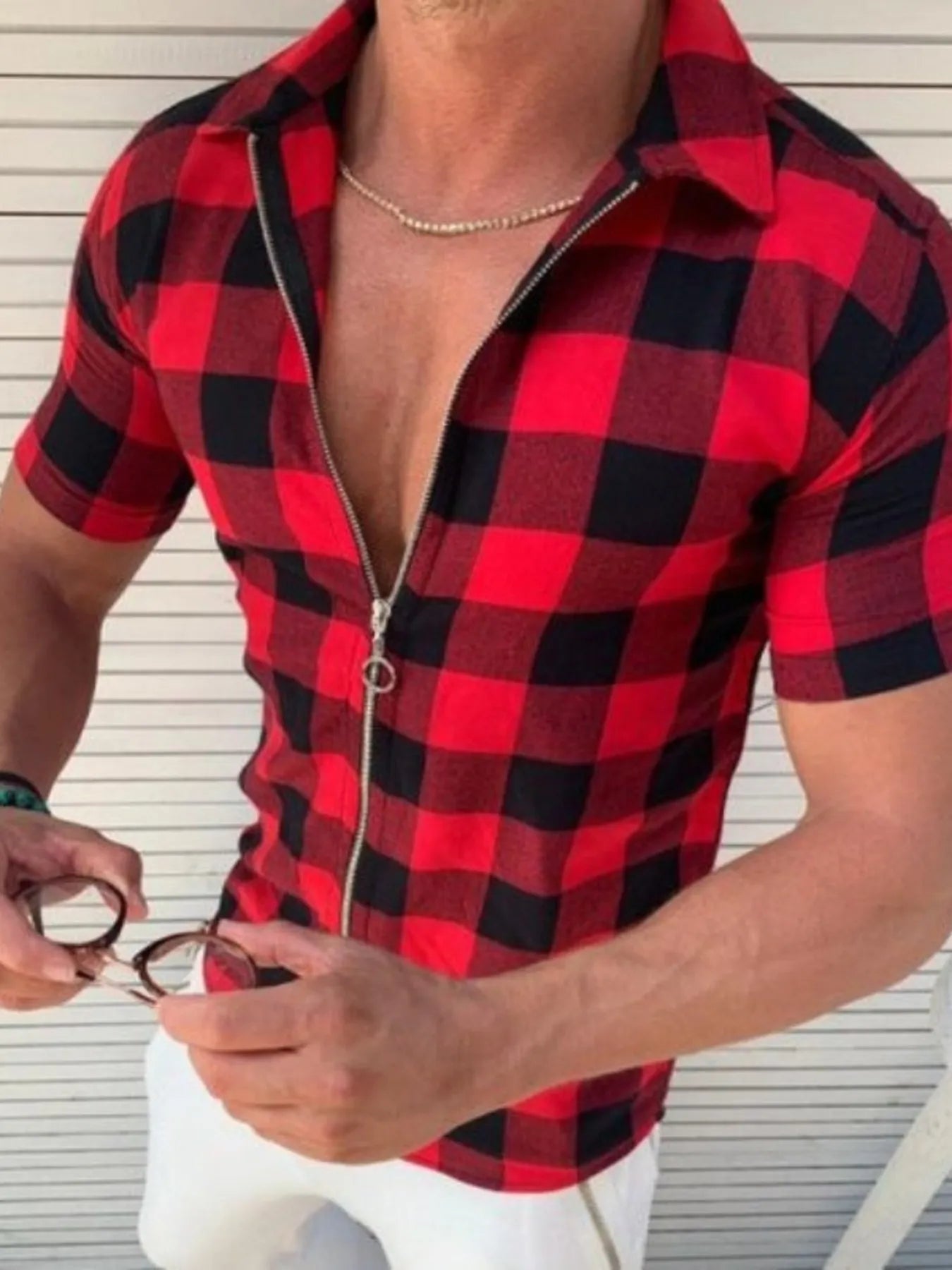 Men's Plus Size Plaid Zip Up Short Sleeve Shirt