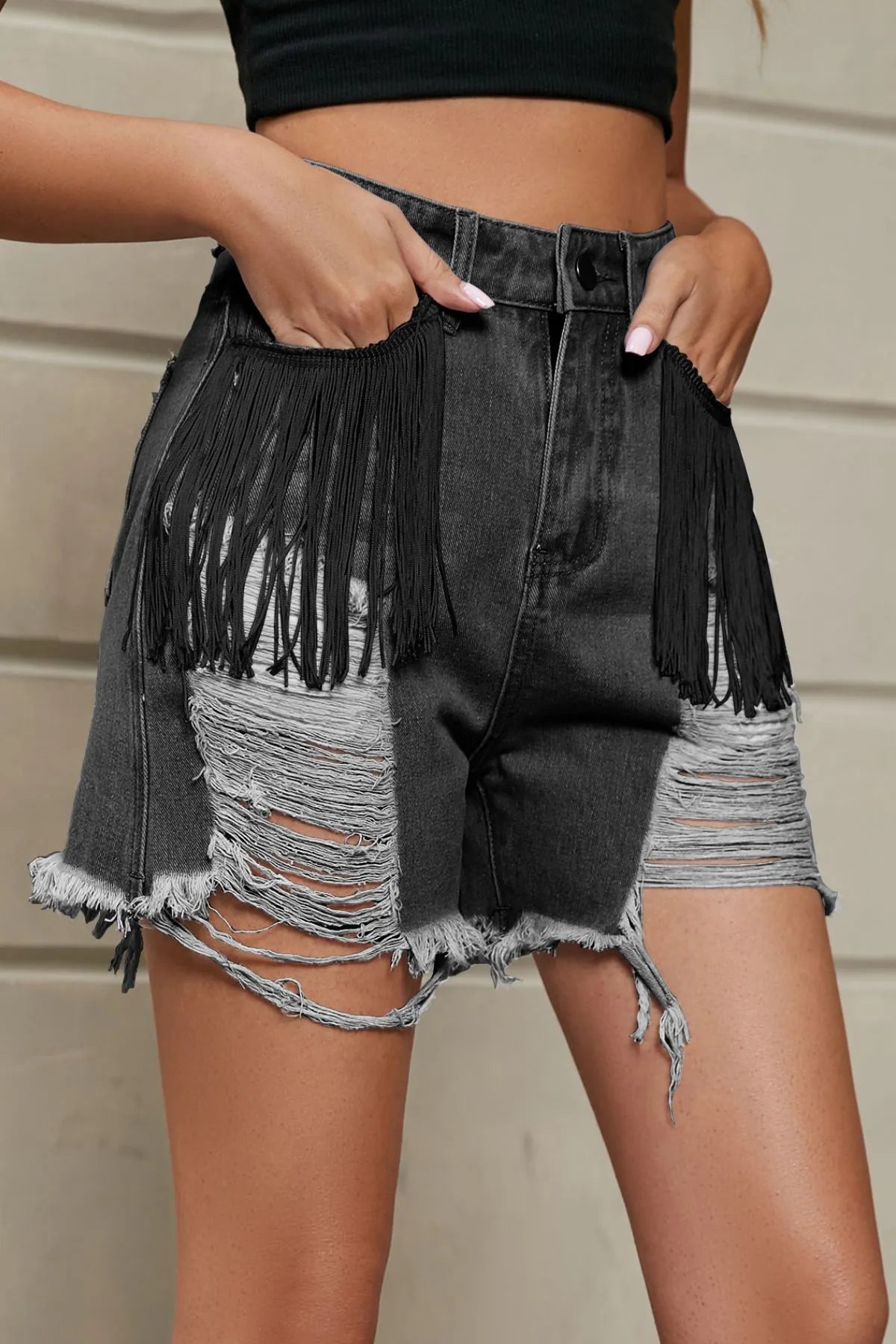 Distressed Fringe Denim Shorts