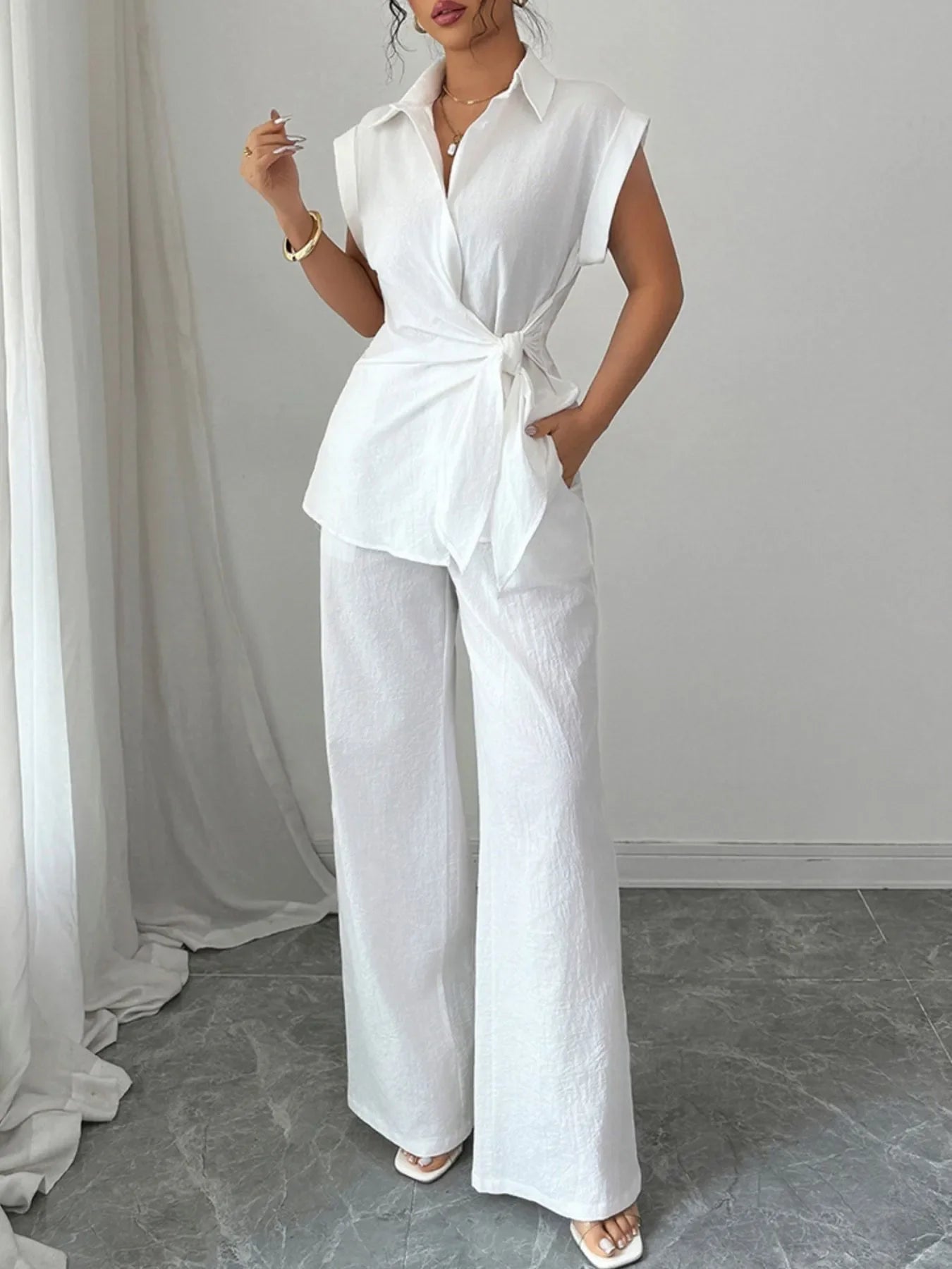 Collared Neck Cap Sleeve Top and Pants Set