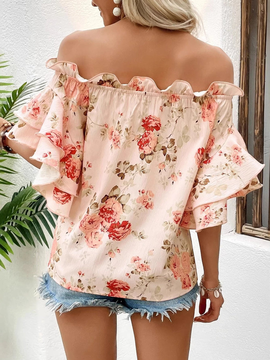 Floral Print Ruffle Off Shoulder Blouse