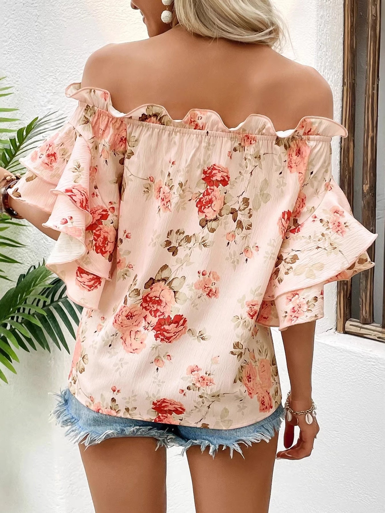 Floral Print Ruffle Off Shoulder Blouse