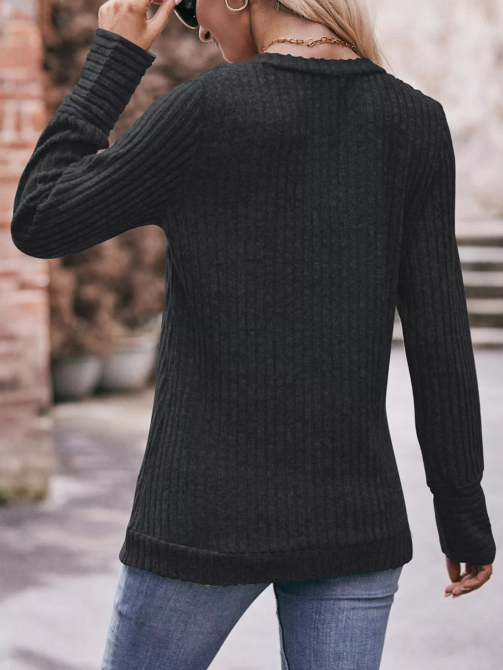 V-Neck Ribbed Knit Long Sleeve T-Shirt