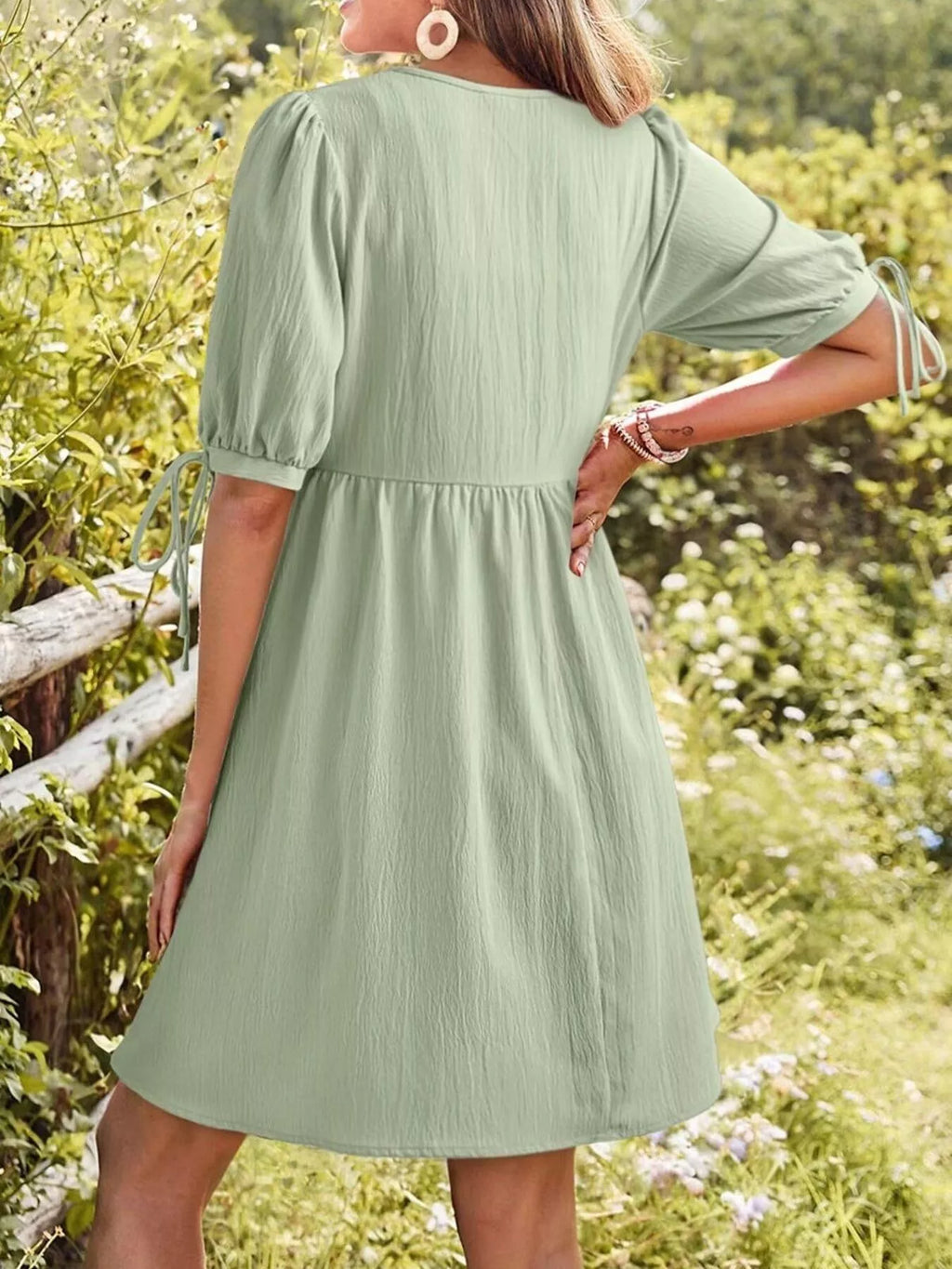 Tie-Neck Puff Sleeve A-Line Mini Dress
