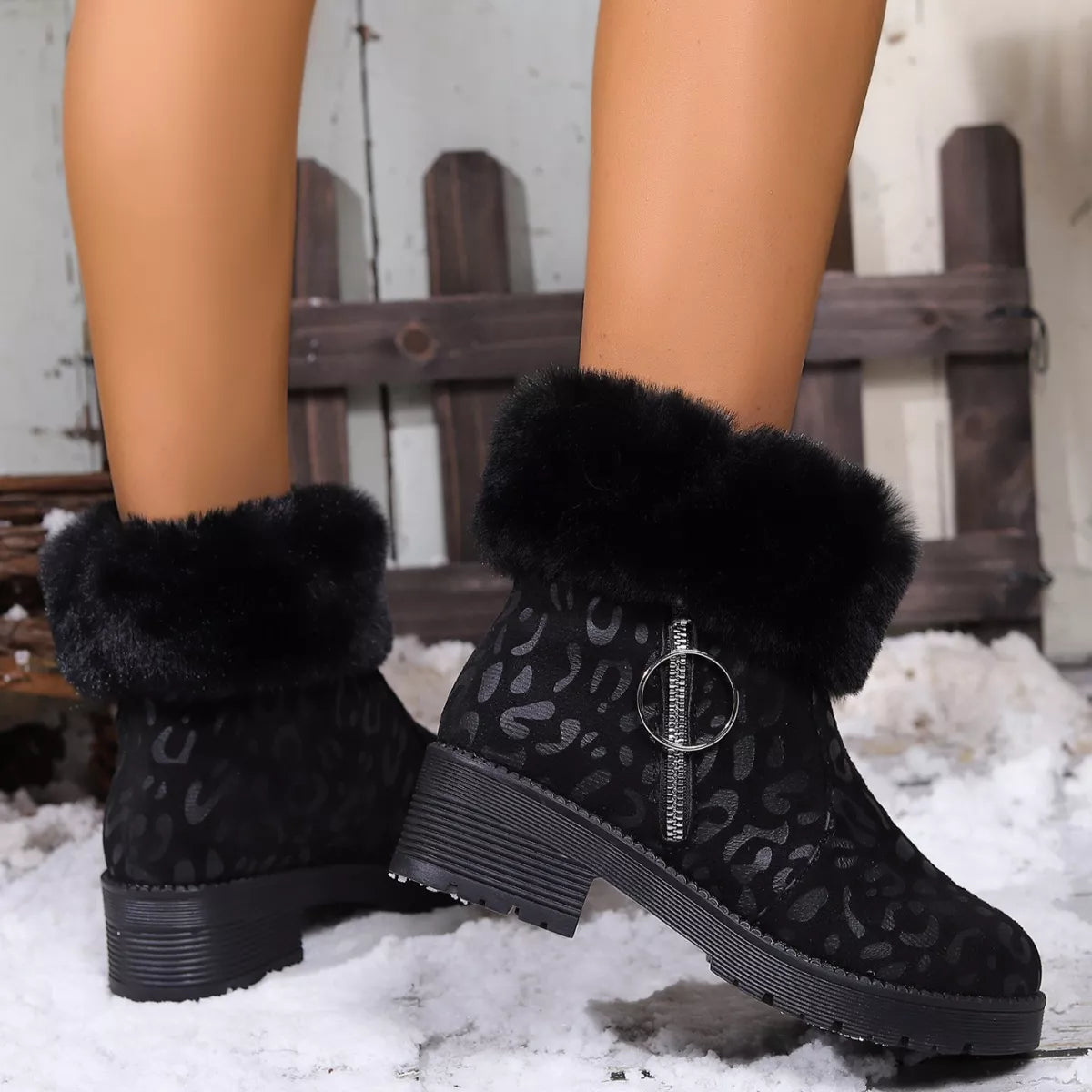 Fuzzy Cuff Leopard Print Ankle Boots