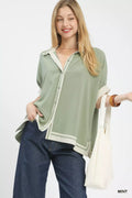 Umgee Linen Button Front Top with Contrast Piping