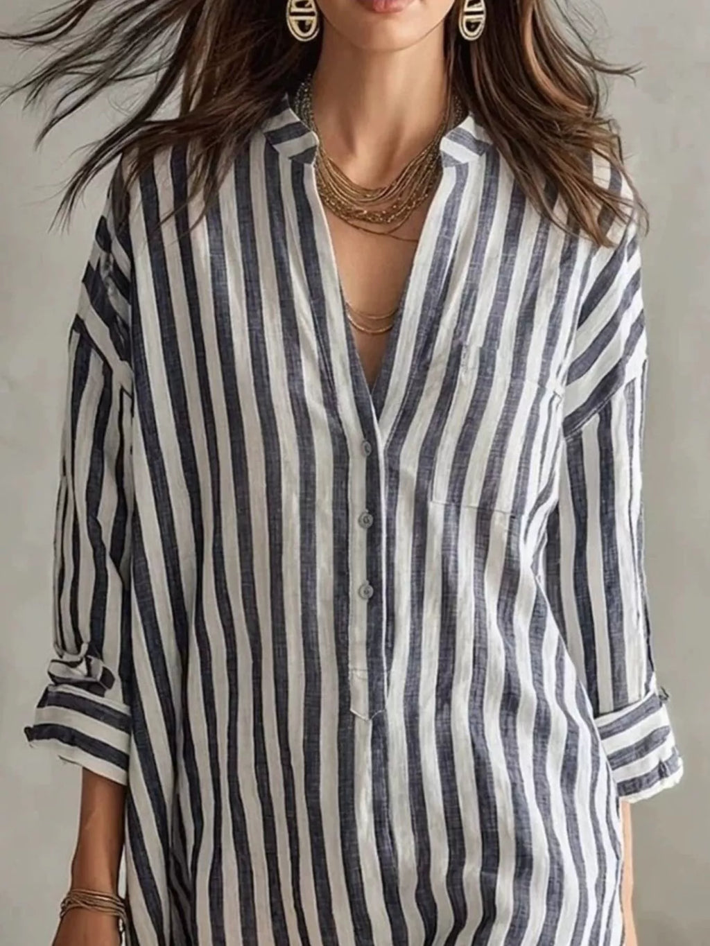 Full Size Striped 3/4 Sleeve Shirt Dress Plus Size
