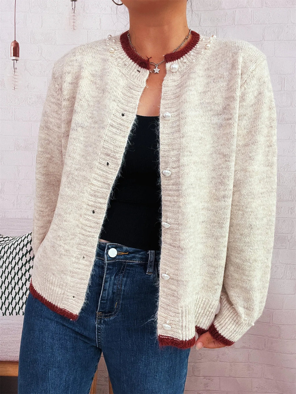 Pearl Embellished Button-Front Cardigan