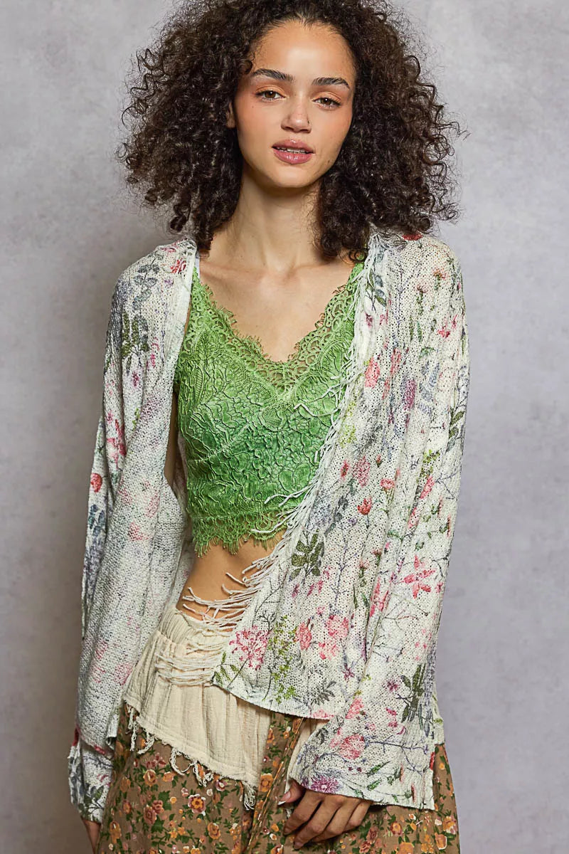 POL Open Front Floral Cardigan with Center Open Fringe