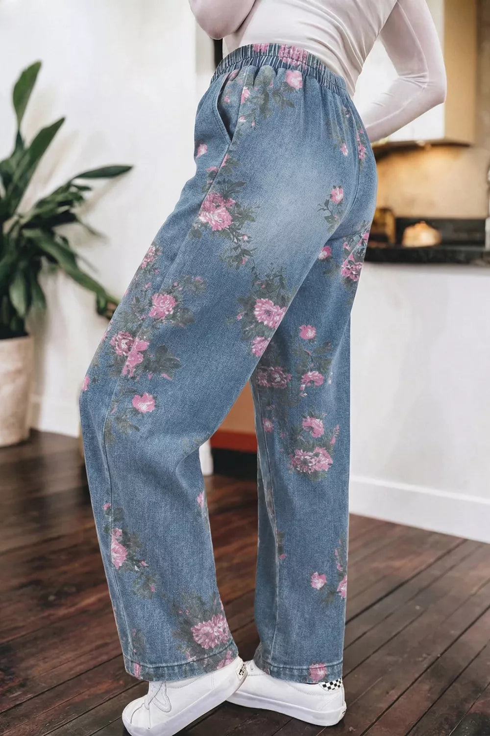 Floral Print Wide Leg Elastic Waist Jeans