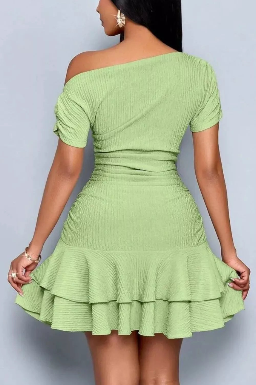 One-Shoulder Ruffle Hem Mini Dress