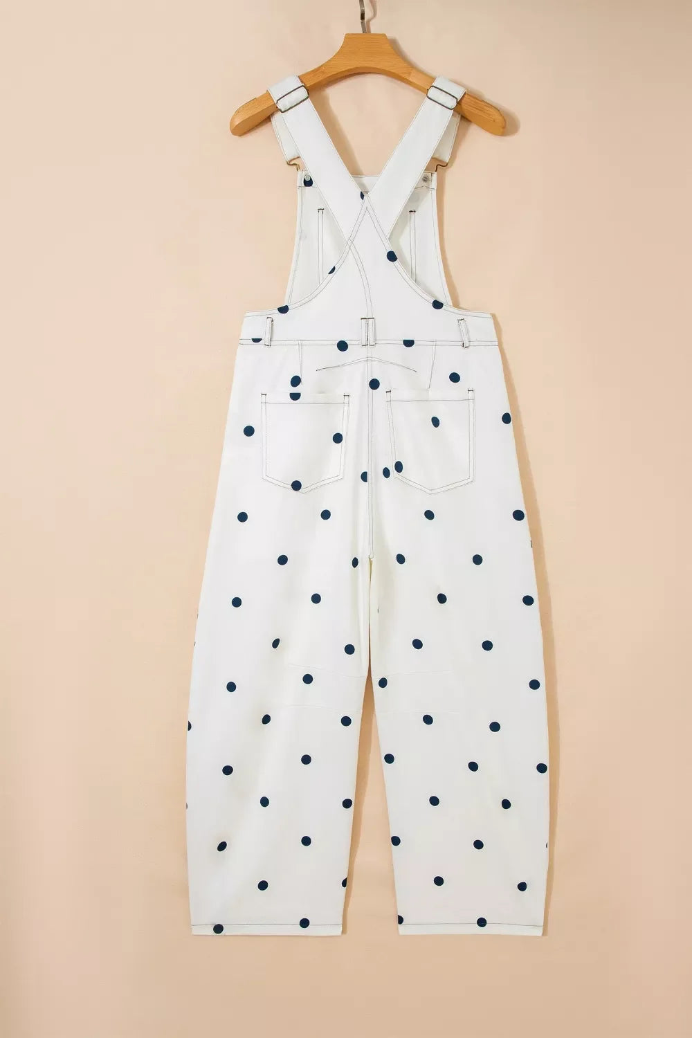 Polka Dot Print Bib Pocket Denim Barrel Overalls Jumpsuit