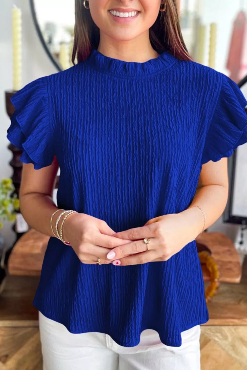 Solid Color Textured Ruffle Trim Short Sleeve Blouse