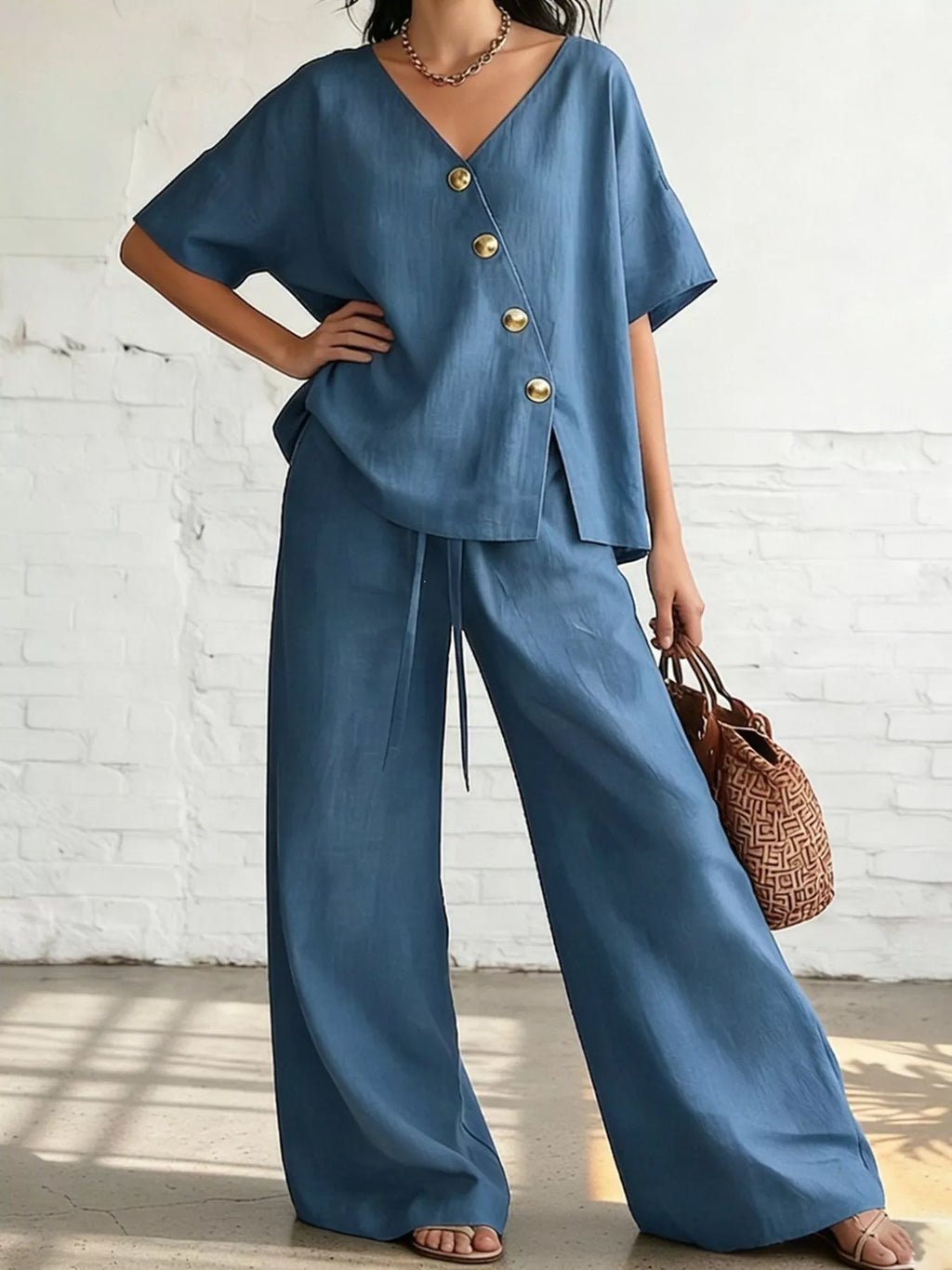 Full Size Surplice Half Sleeve Top and Wide-Leg Pants Set Plus Size