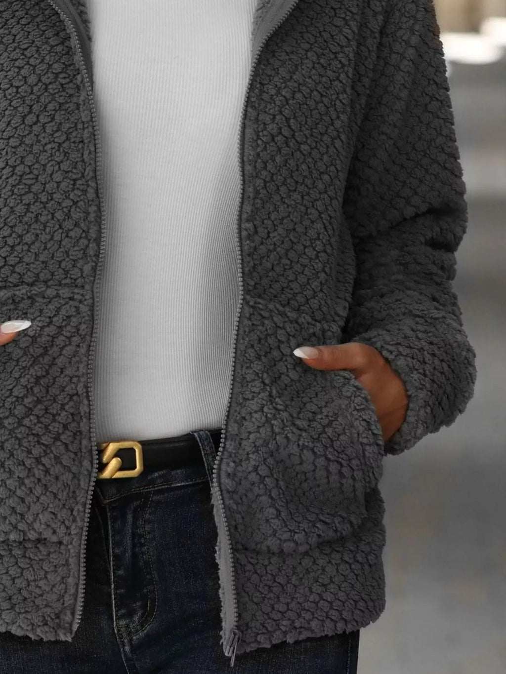 Textured Knit Zip-Up Hooded Outerwear