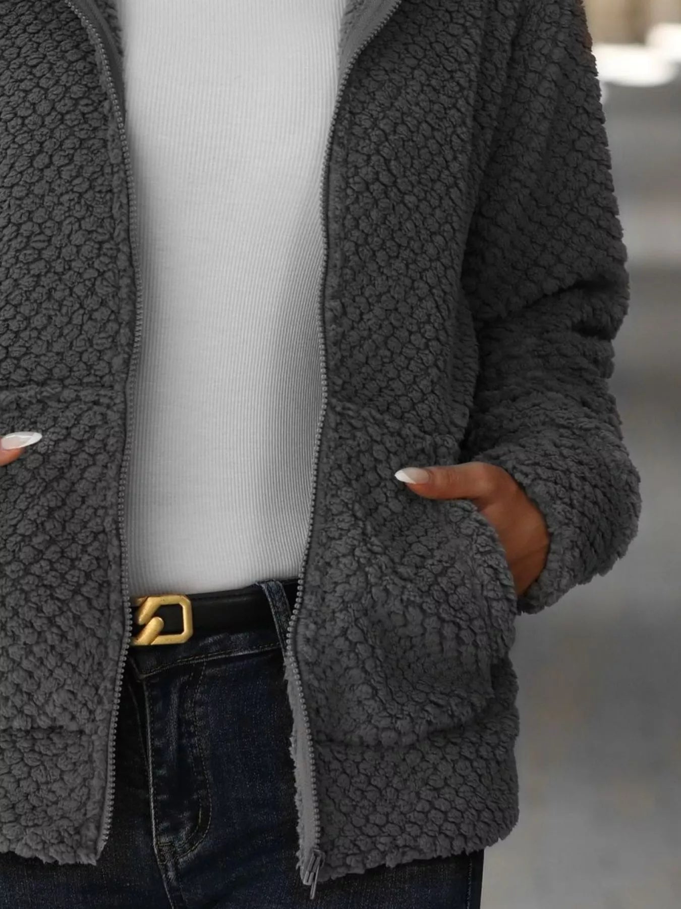 Textured Knit Zip-Up Hooded Outerwear