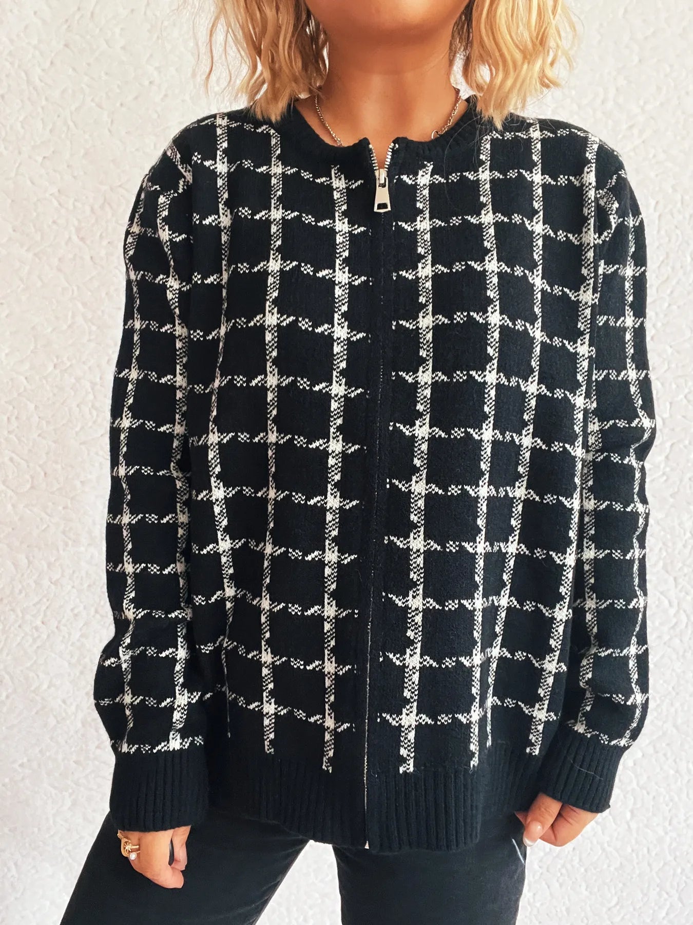 Plaid Pattern Zip Up Cardigan