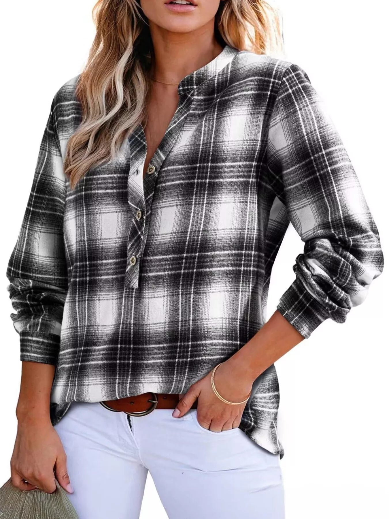 Plaid Half Button Long Sleeve Blouse