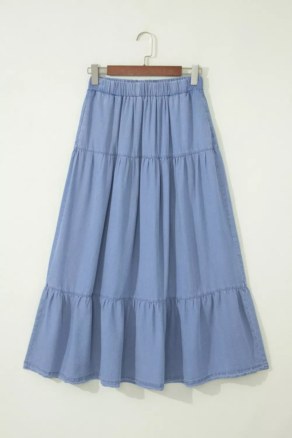 Elastic Waist Ruffled Tiered Flared Denim Maxi Skirt