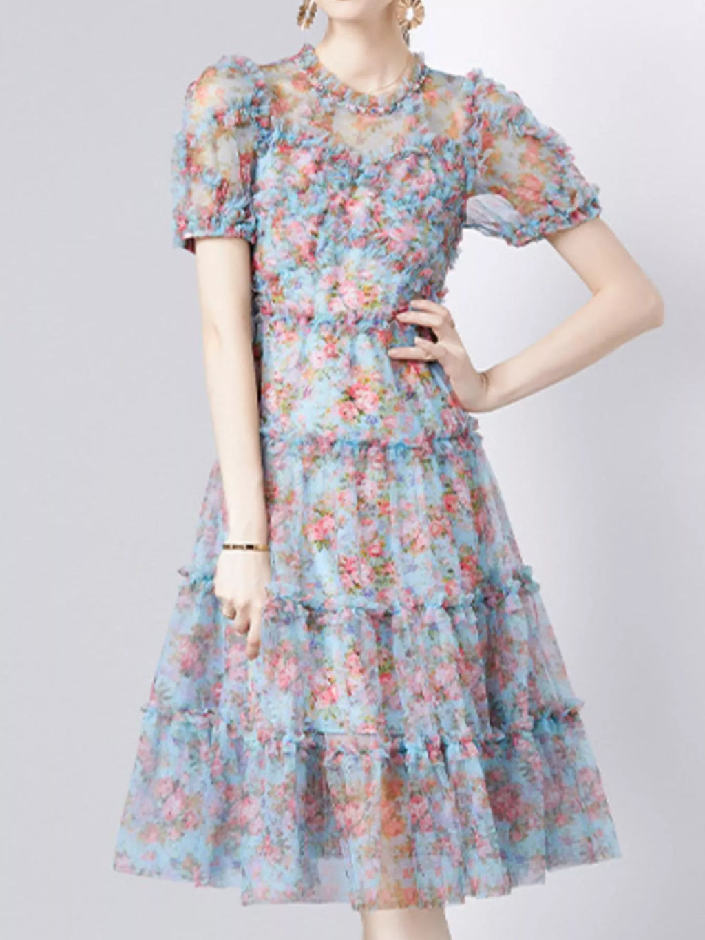 Frill Floral Print Short Sleeve Dress