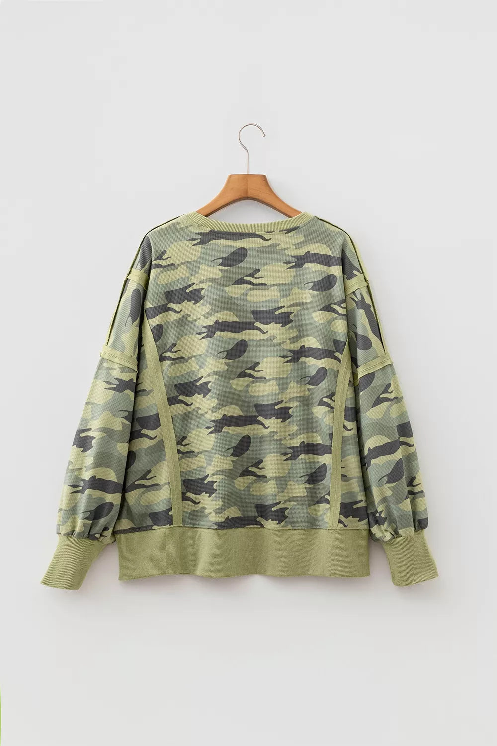 Camouflage Waffle Knit Raw Edge Contrast Trim Oversized Long Sleeve Top