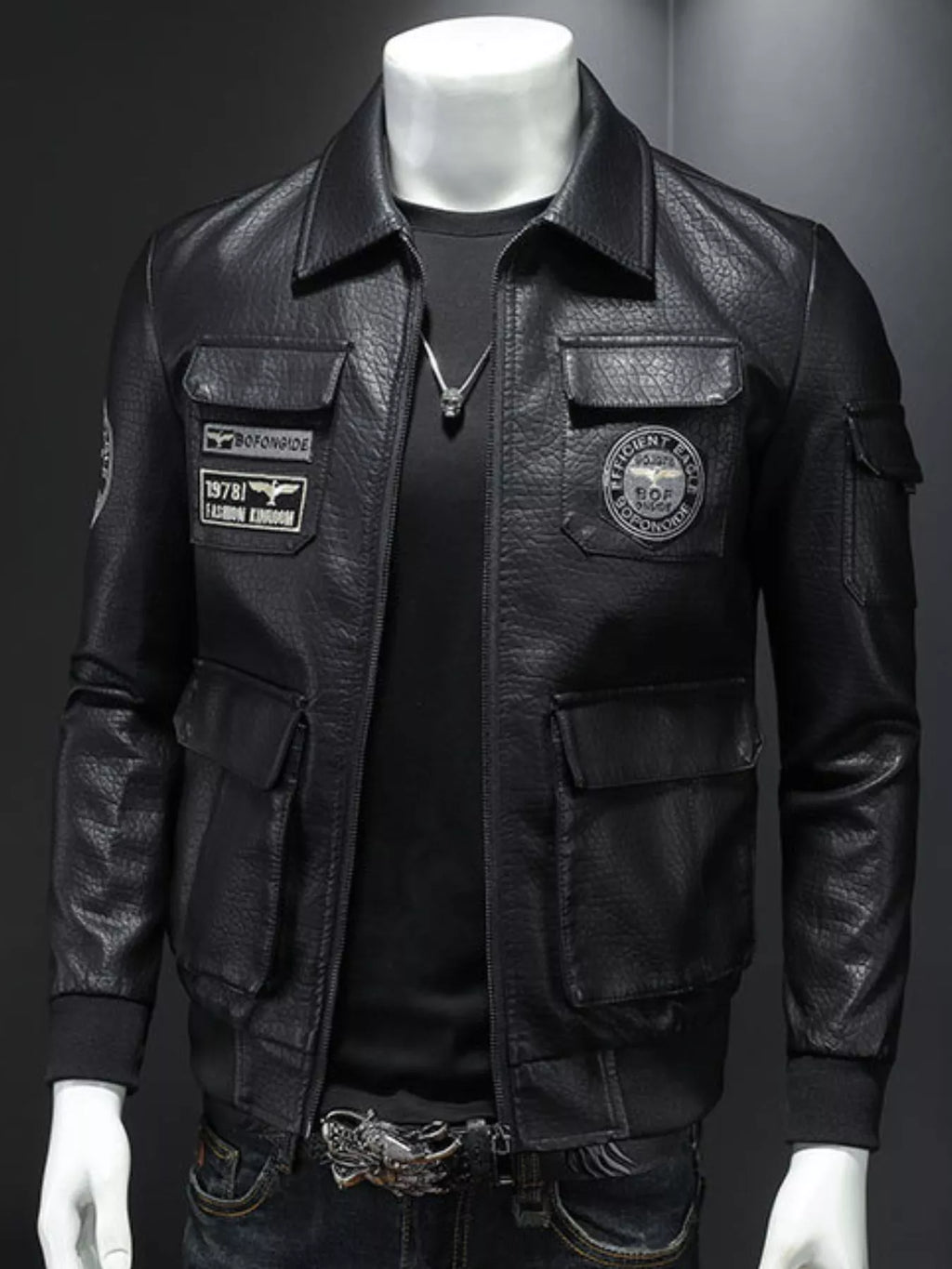 Men's Plus Size Zip Up Leather Bomber Jacket