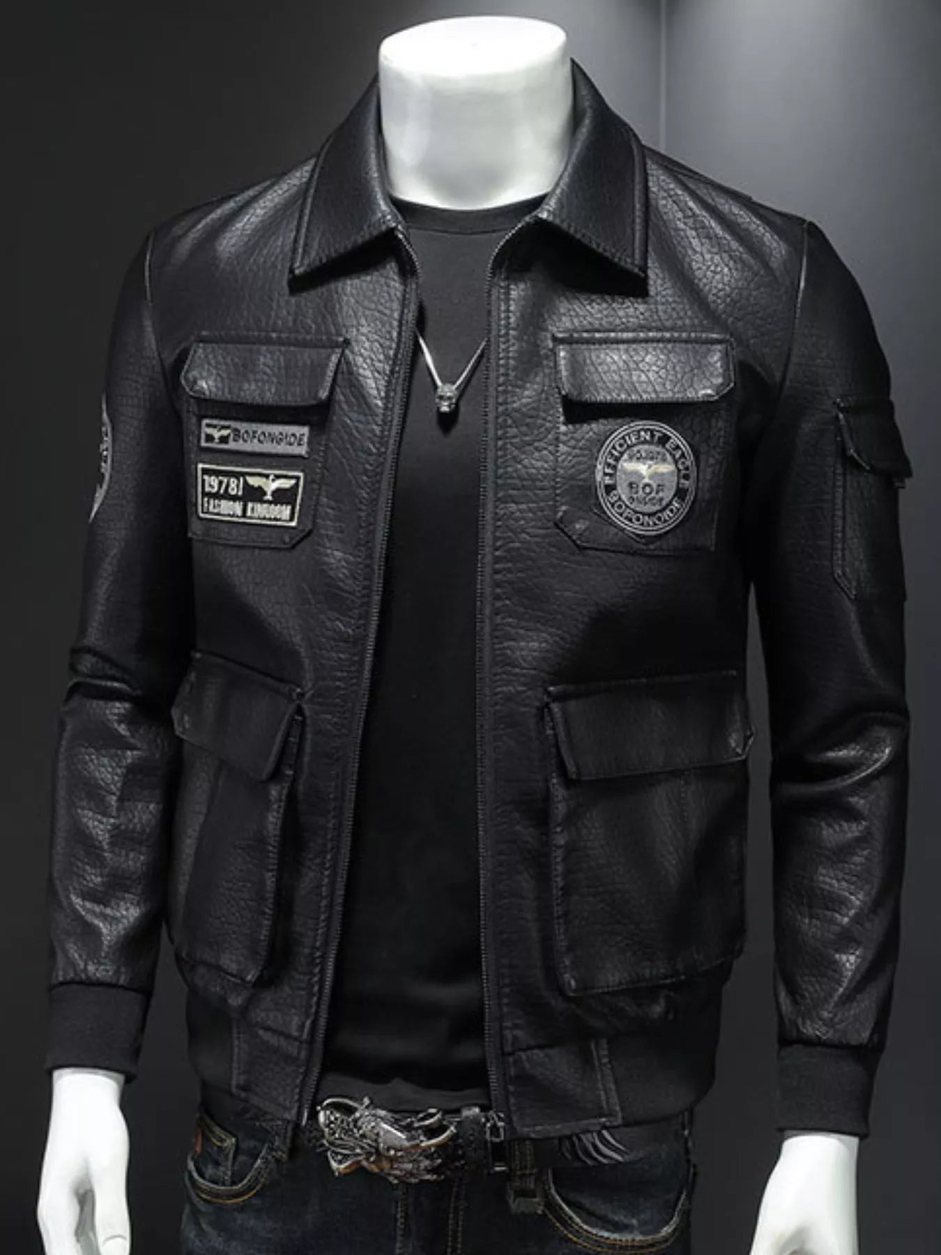 Men's Plus Size Zip Up Leather Bomber Jacket