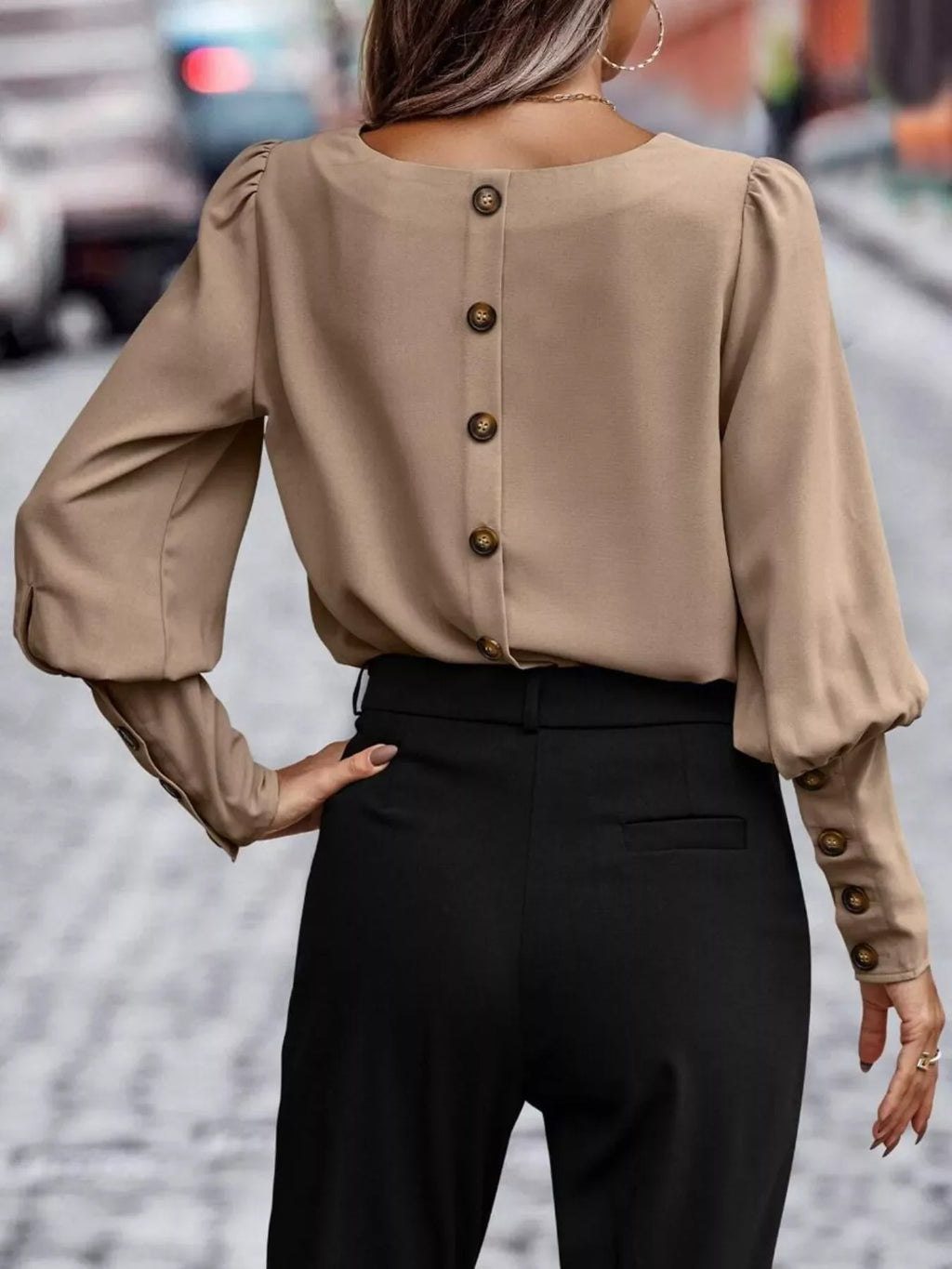 Back Button Lantern Sleeve Blouse