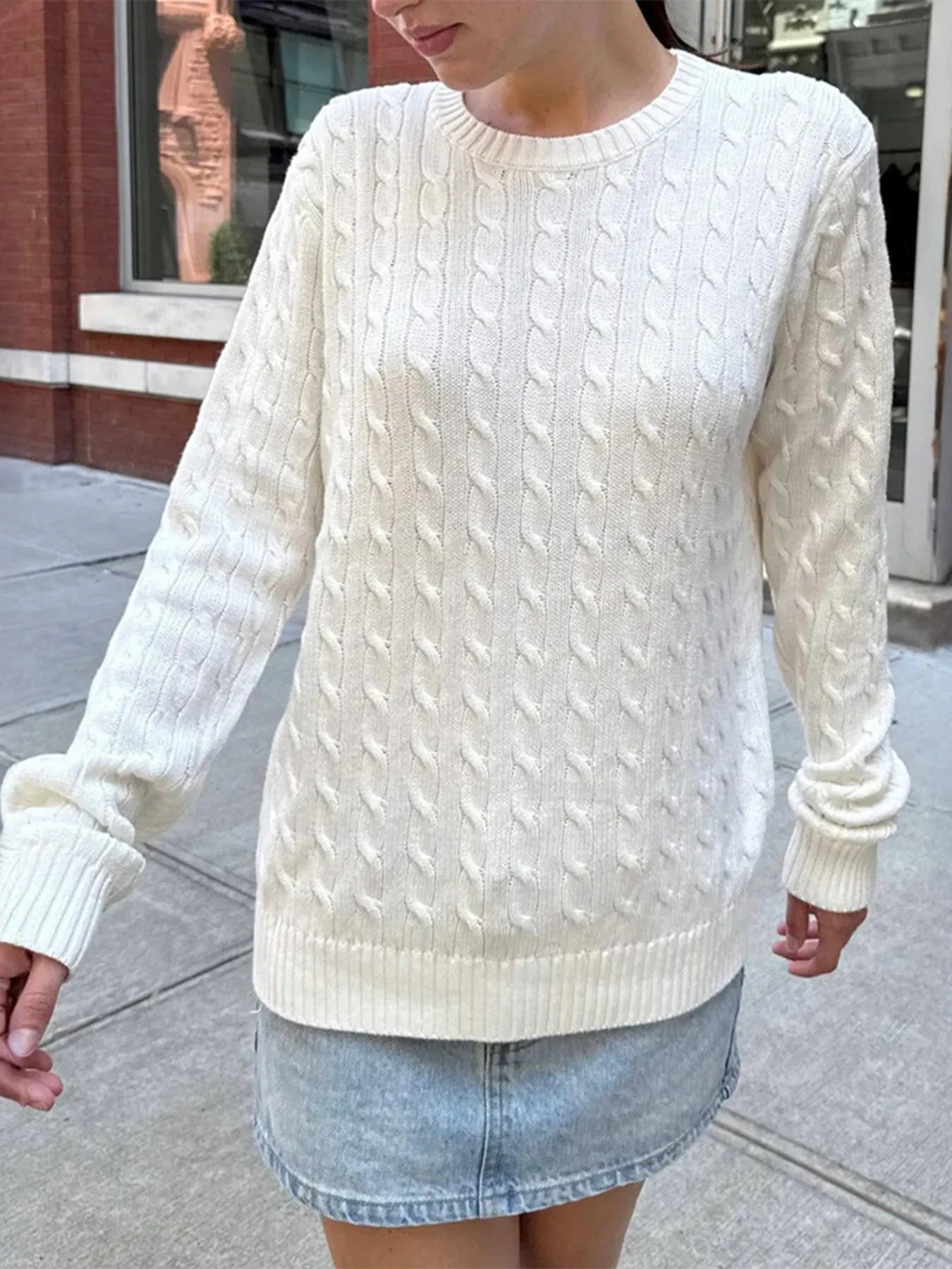 Cable-Knit Round Neck Pullover Sweater