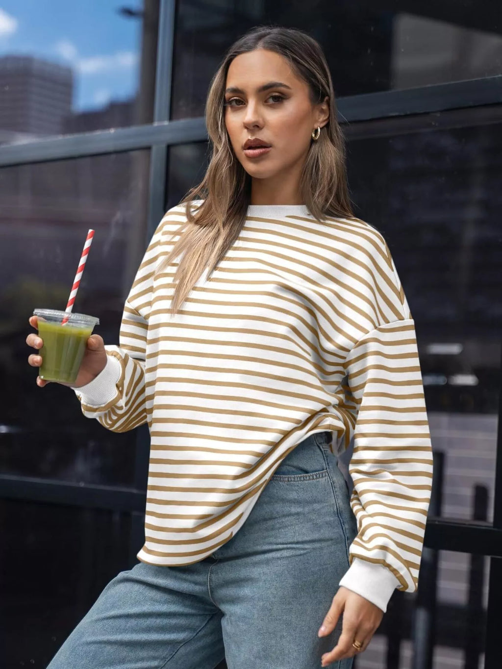 Striped Round Neck Oversized Casual Sweatshirt