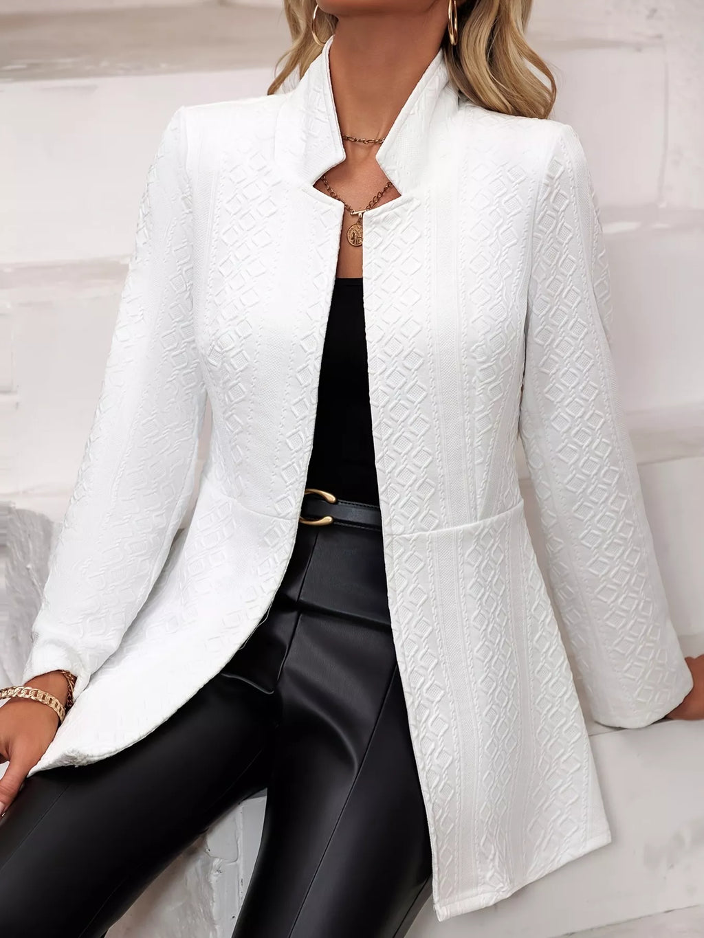 Textured Open Front Slim Fit Blazer