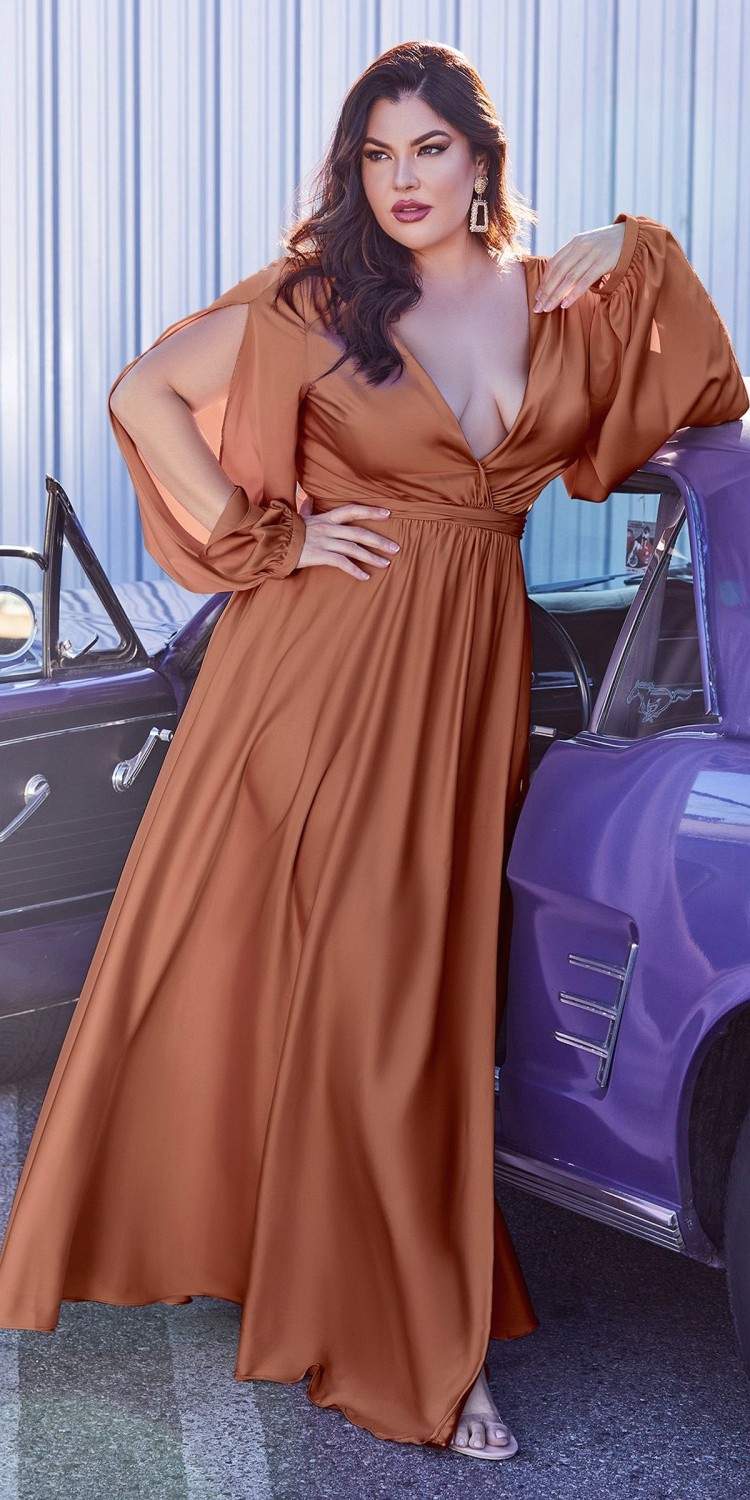 Cinderella Divine 7475C Long Split Blouson Sleeve Formal Dress Thigh Split