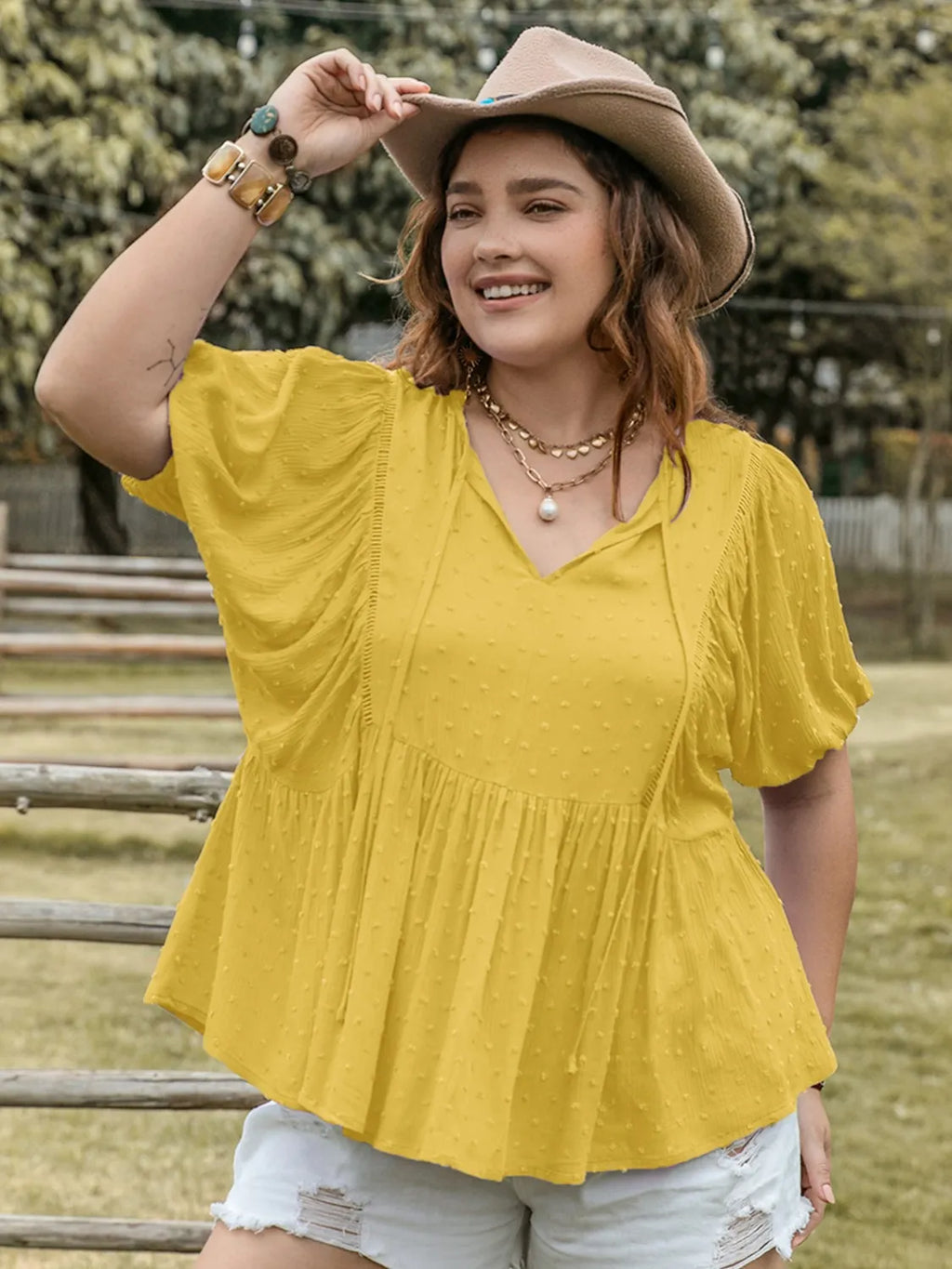 Swiss Dot Tie Neck Short Sleeve Blouse